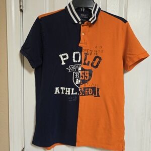 Polo Ralph Lauren Men's Polo Shirt Medium Slim Fit Split Blue Orange Big Logo